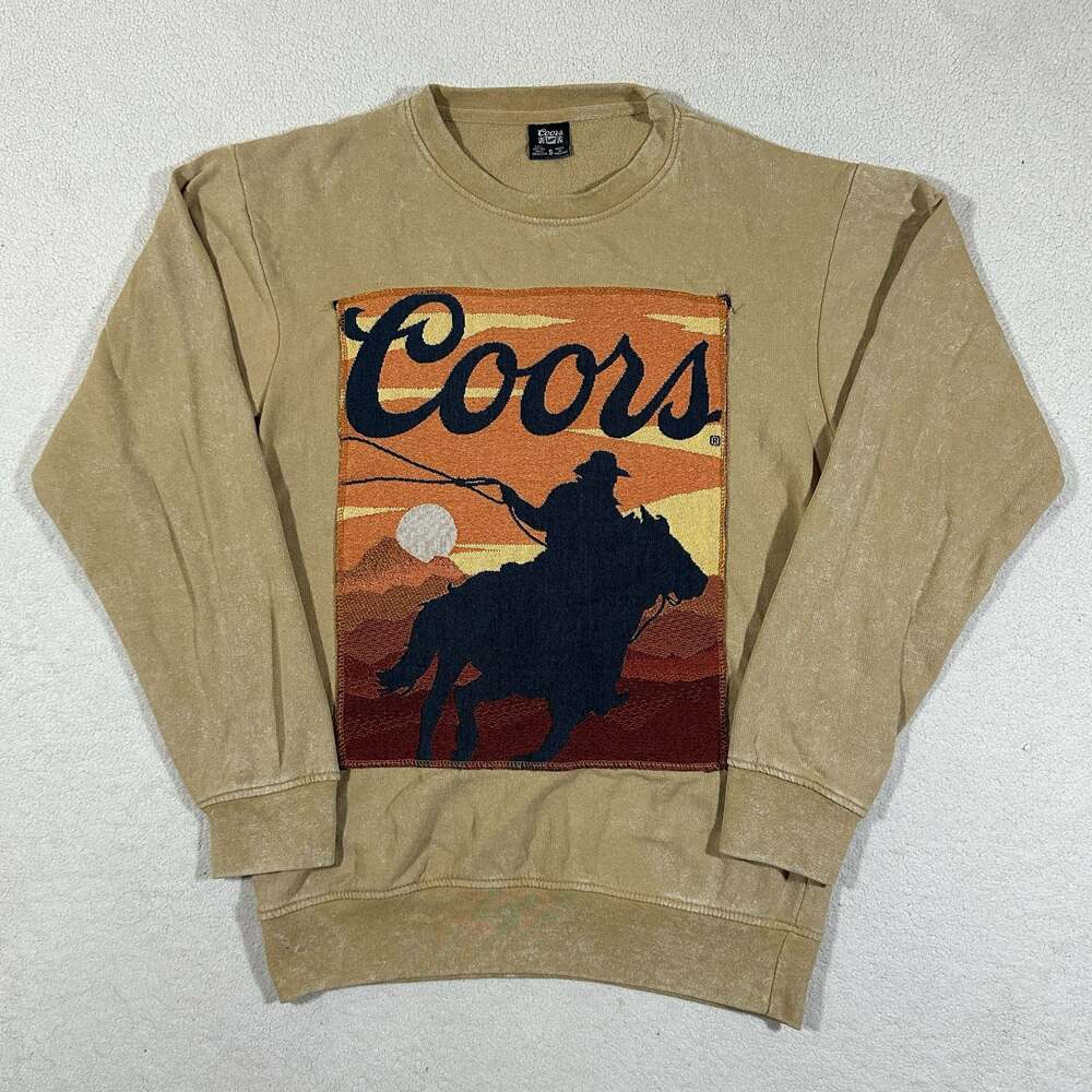 Coors Banquet Beer Cowboy Tapestry Graphic Crewneck Sweatshirt Tan Size Small